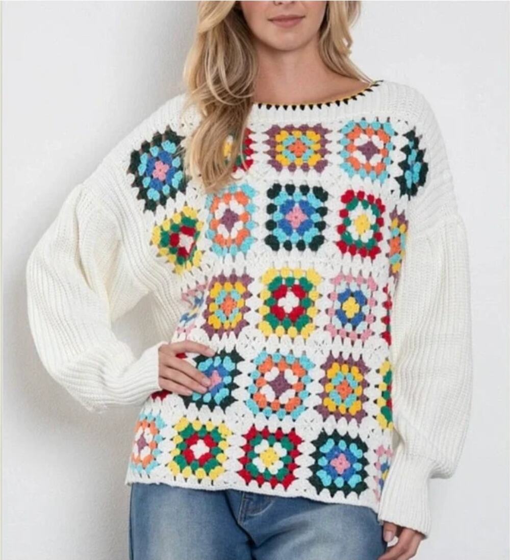 Blue Velvet Brianna Granny Square Knit Long Sleeve Sweater White Multi Small NWT